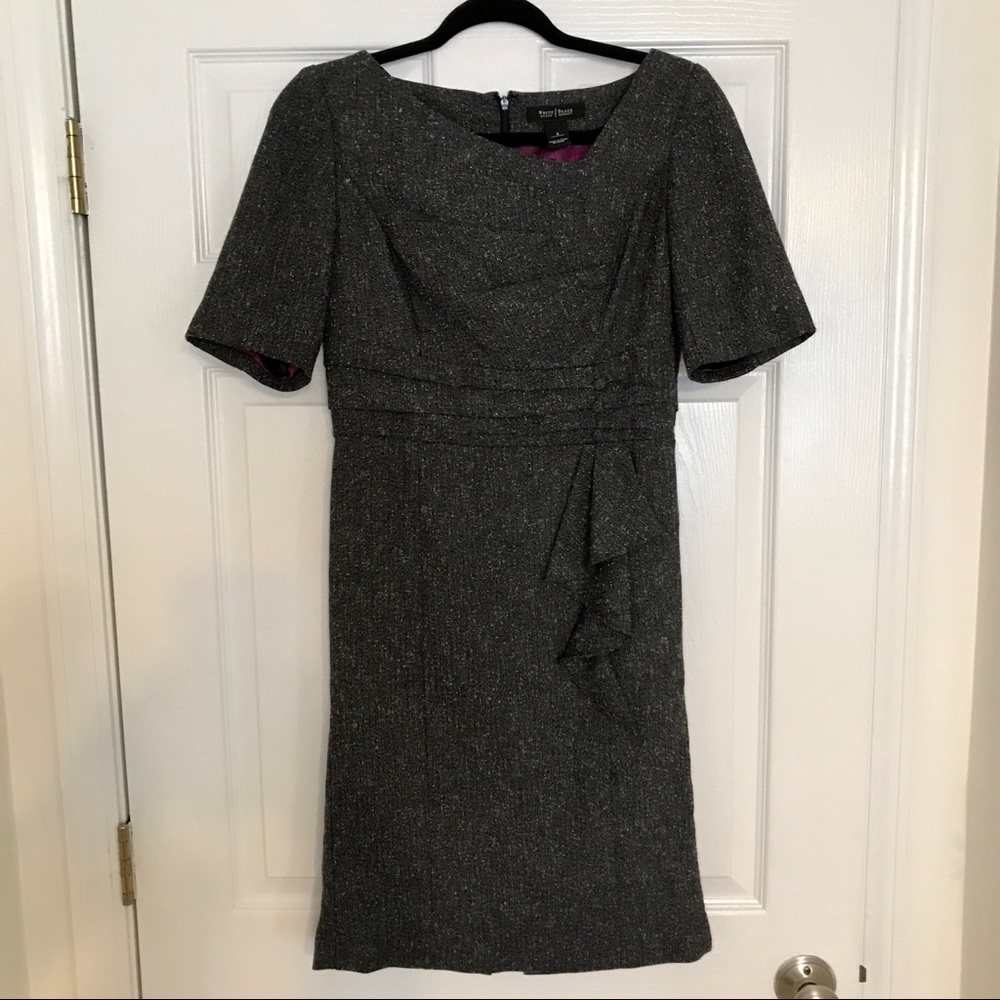 Grey Speckled Wiggle - Asymmetrical Neckline & Ruffle Skirt WHBM Size 6